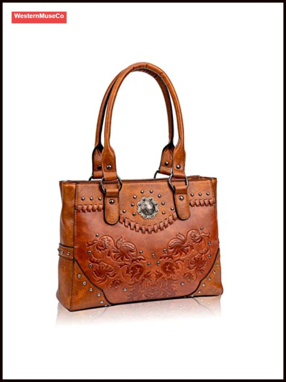 Vintage Embossed Floral Satchel Tote Bag with Concho Studs